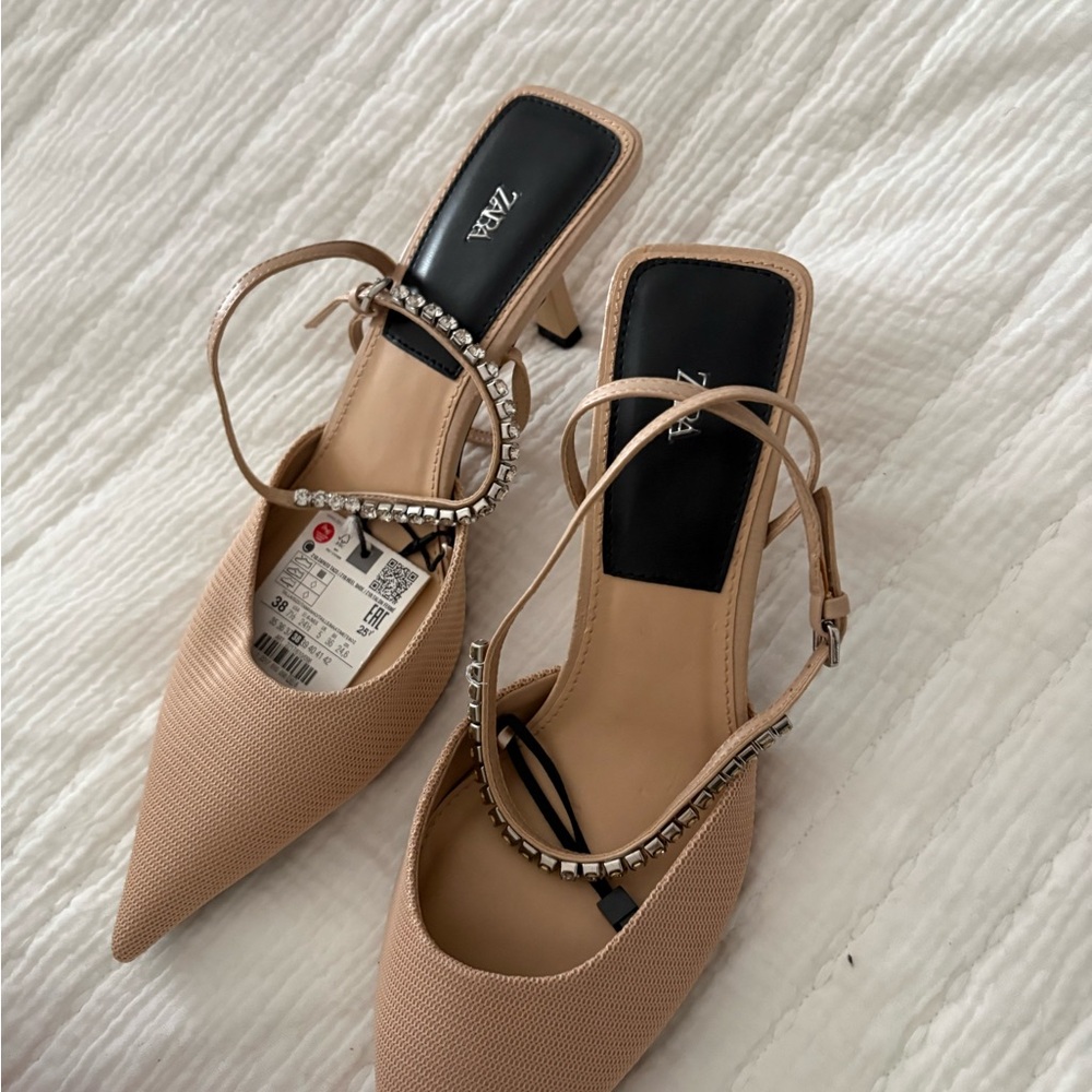Zara Women's Tan Heels with Rhinestone Straps